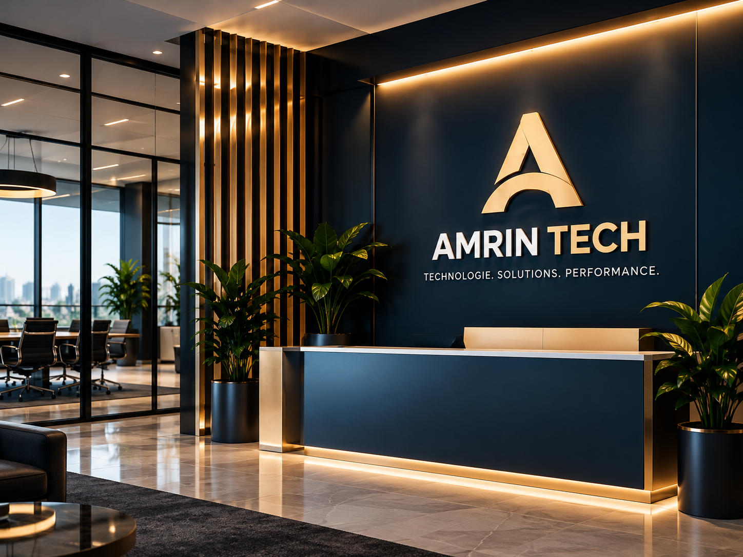 Espace d’accueil aux couleurs d’AMRIN TECH, avec son identité visuelle sur un mur Navy.